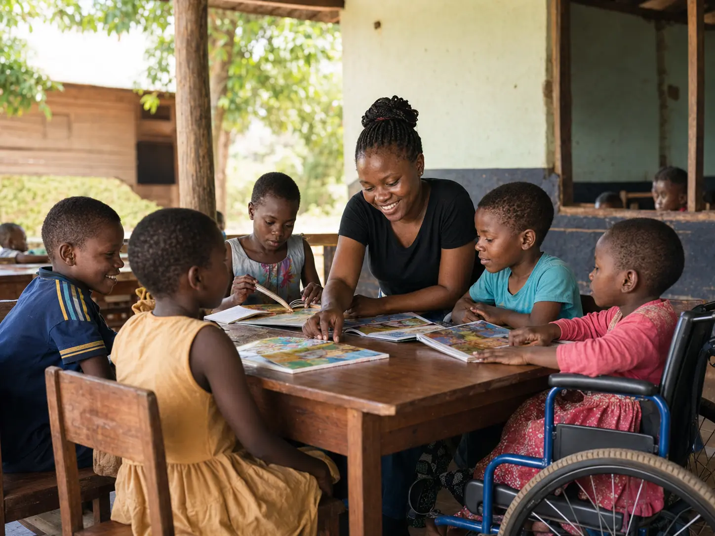 A community mentor supporting children in a learning session