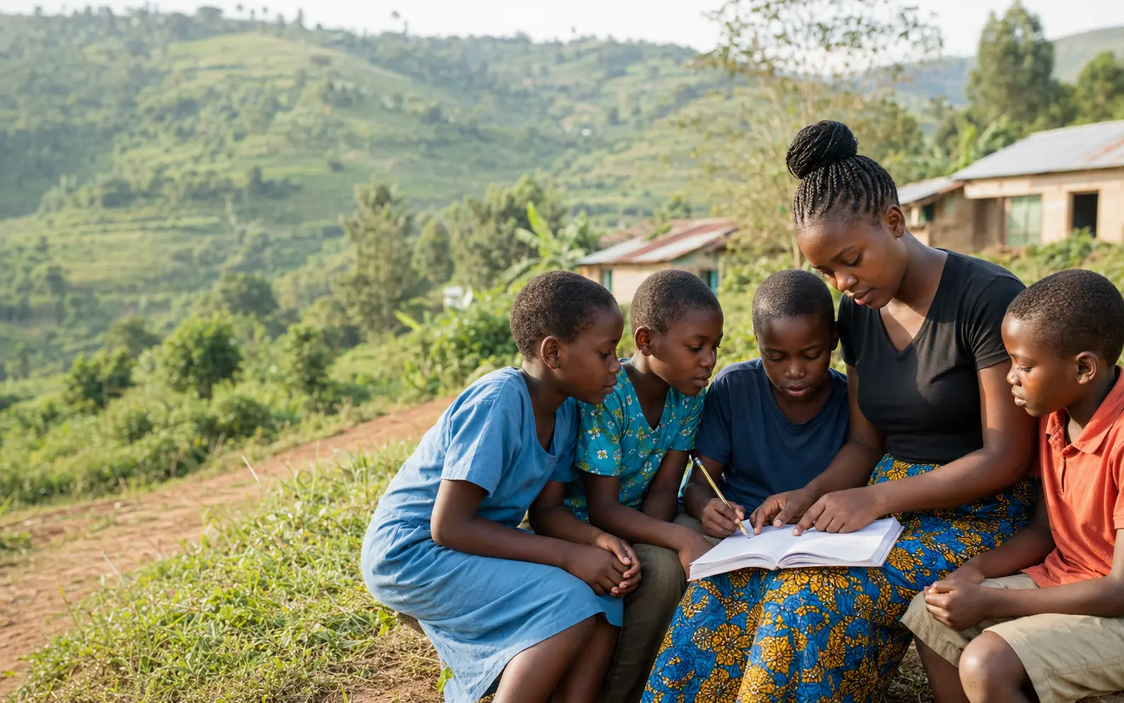 A young Ugandan mentor learning with children in a green rural community