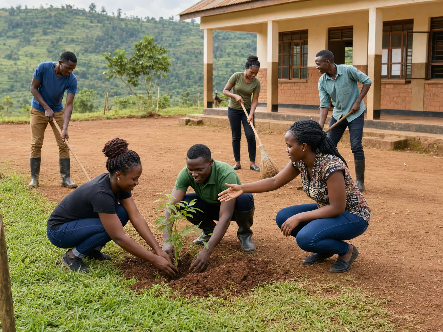 Young Ugandan volunteers working together in community service